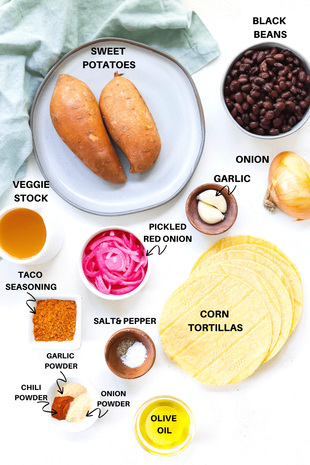 sweet potatoes, black beans, tortillas, oil, onion, salt and pepper on a white board