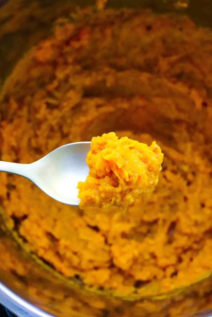 Spoon filled with blended sweet potato with more mashed potatoes behind it. 