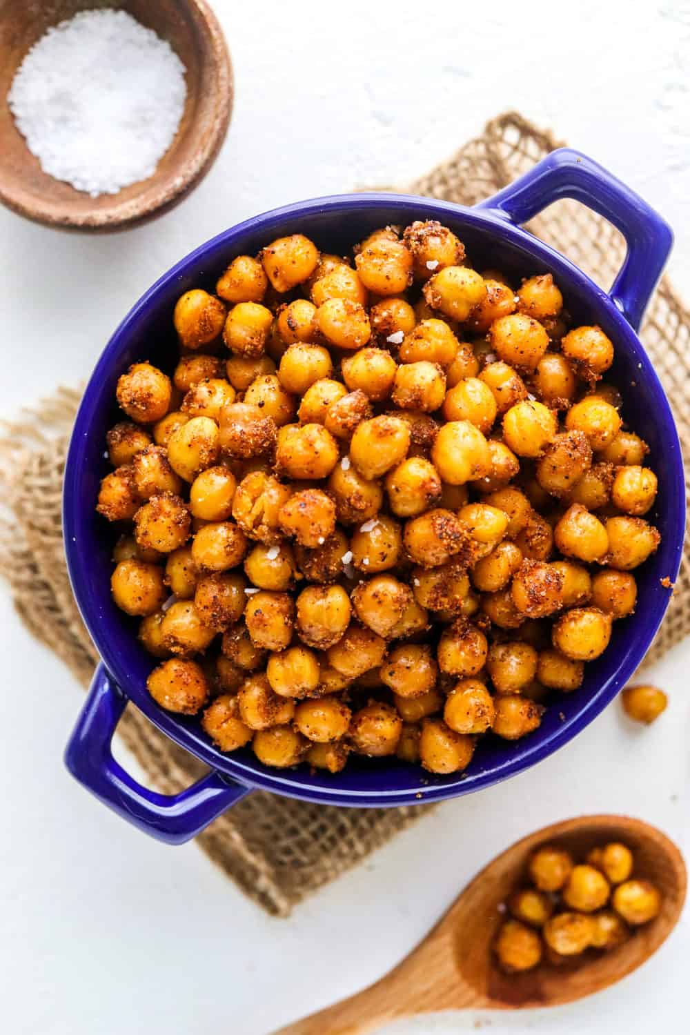 Small blue pot filled with crispy roasted chickpeas