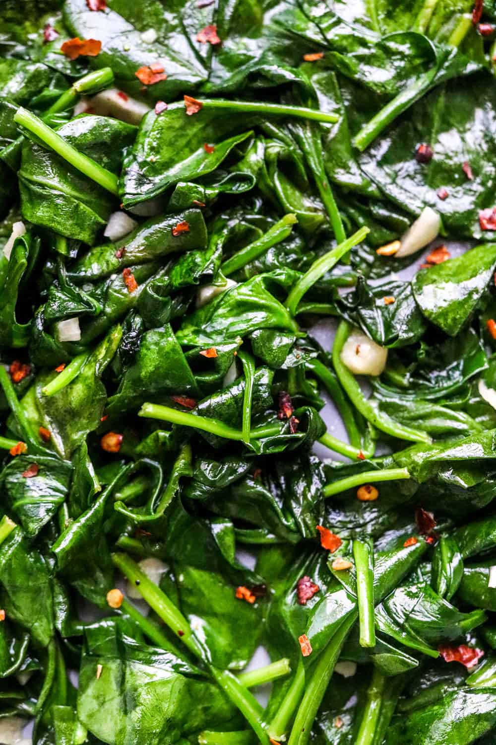 Close up of sautéed  spinach with chunks of garlic in it. 