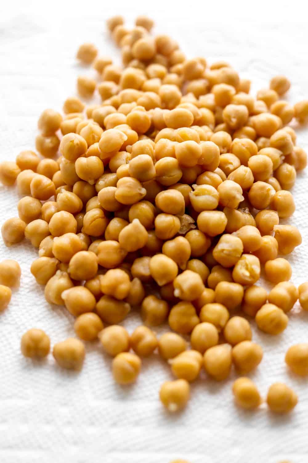 Pile of raw chickpeas on top of white paper towels