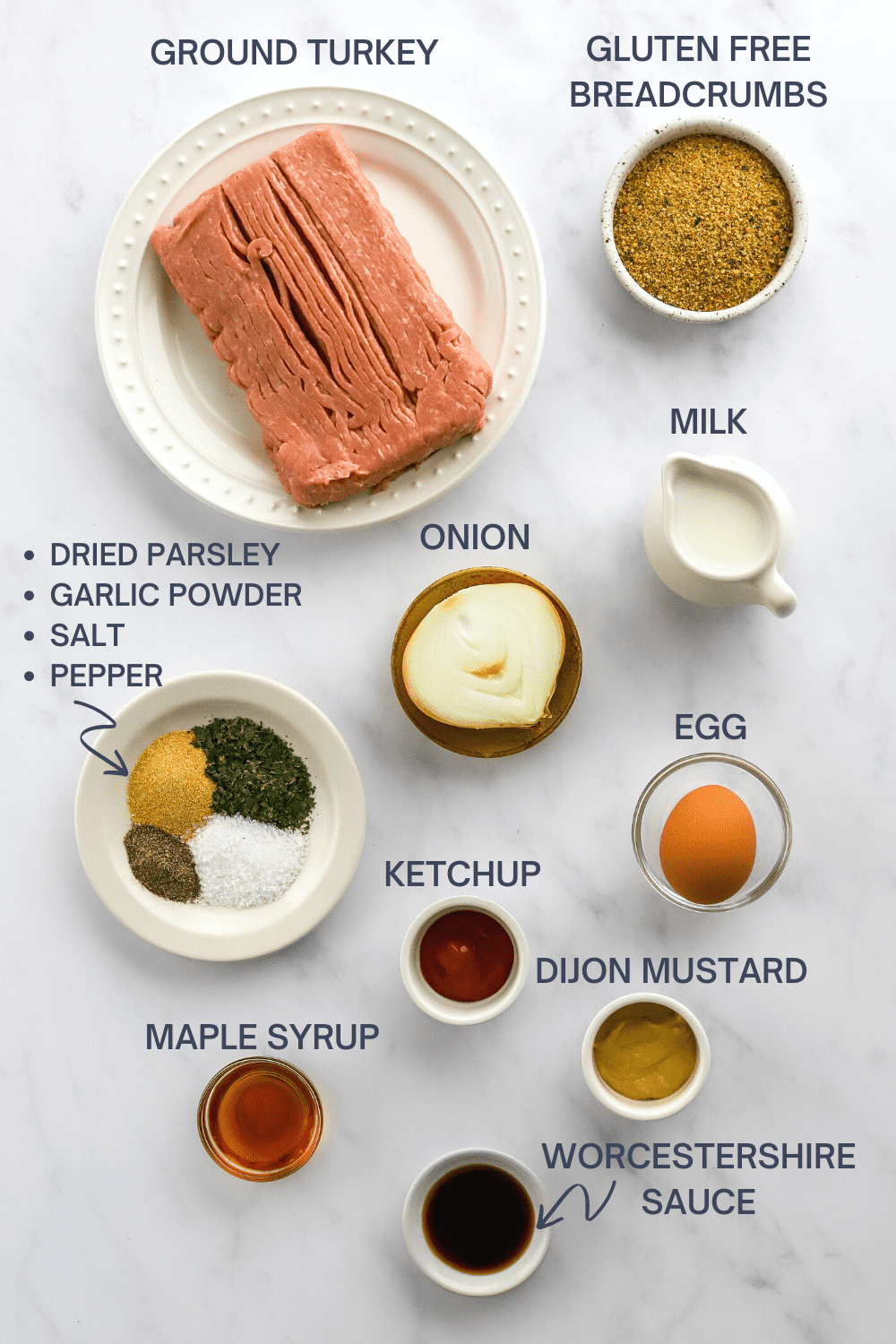 Turkey meatloaf ingredients on a white surface with labels over the top of each ingredient. 