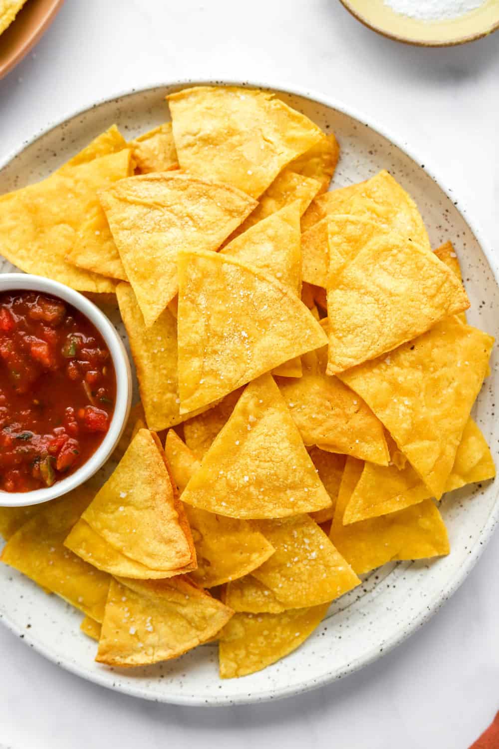 Round white plate with a pile of yellow tortilla chips and a bowl of salsa on it. 