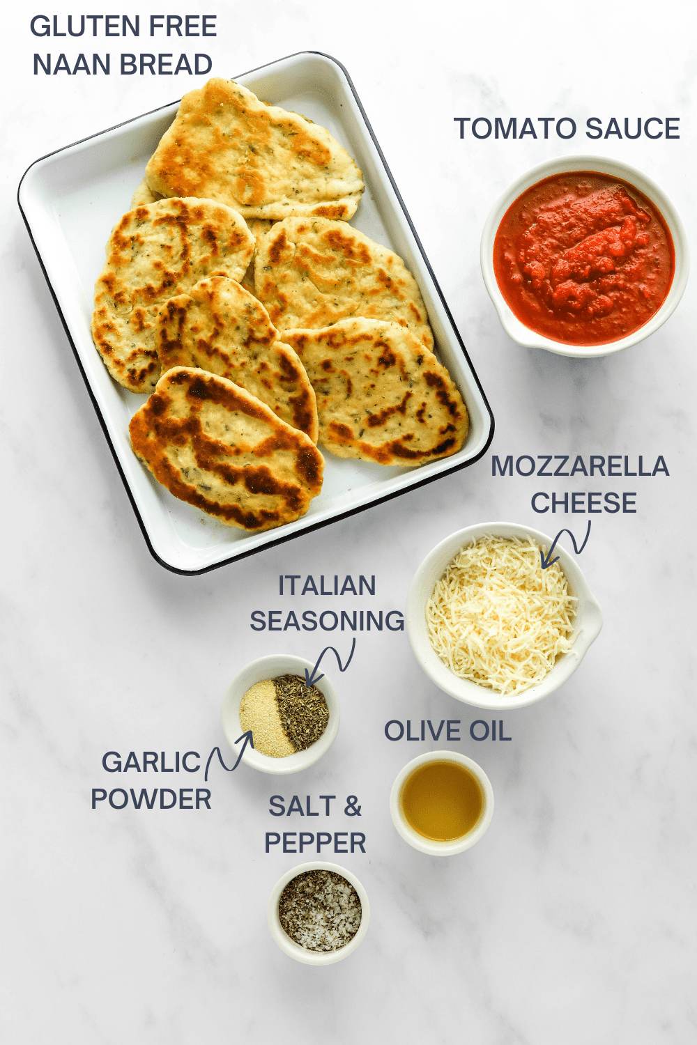 Ingredients for naan pizza with labels for each ingredients above each item. 