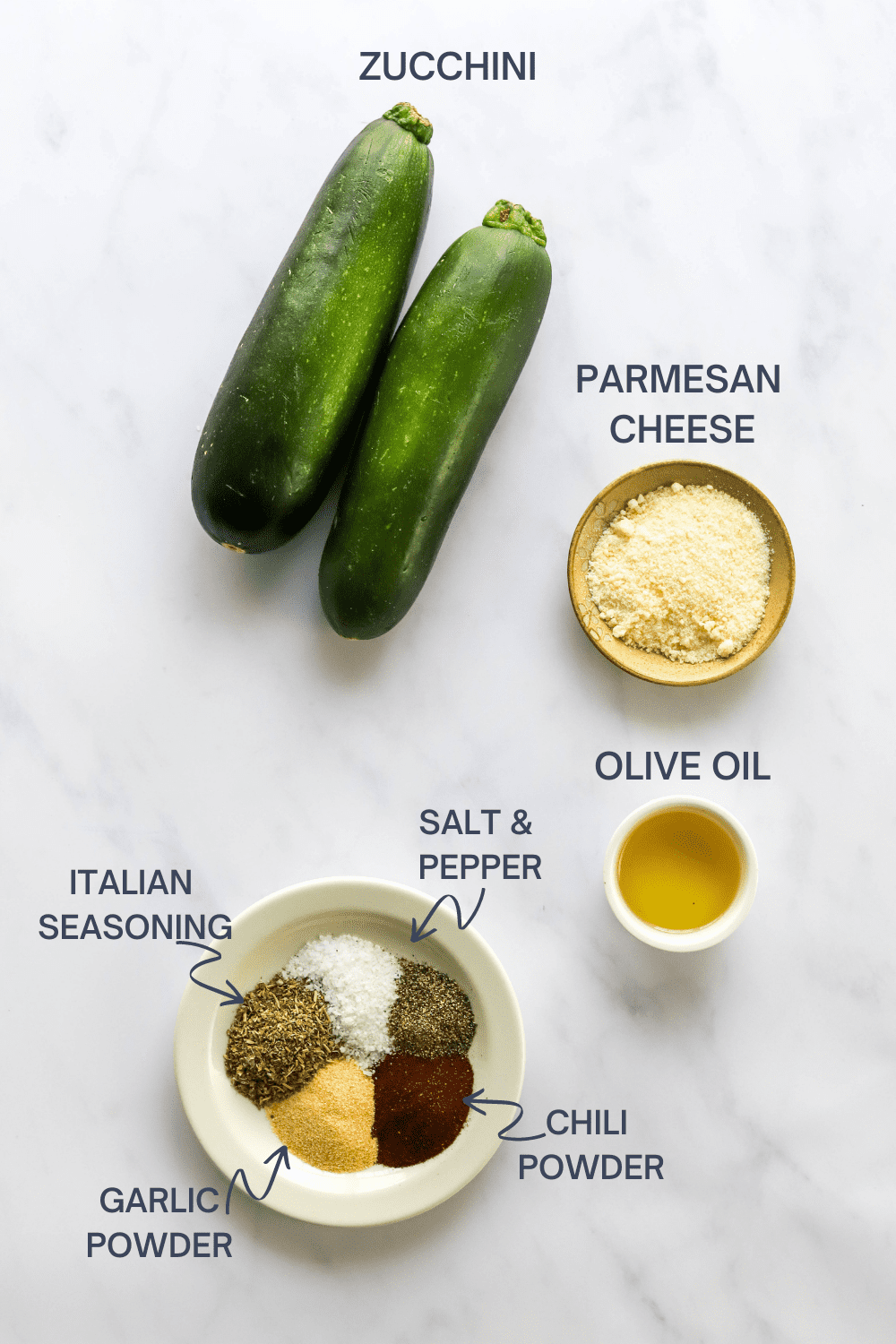 Air fried zucchini ingredients with labels over the top of each ingredient. 