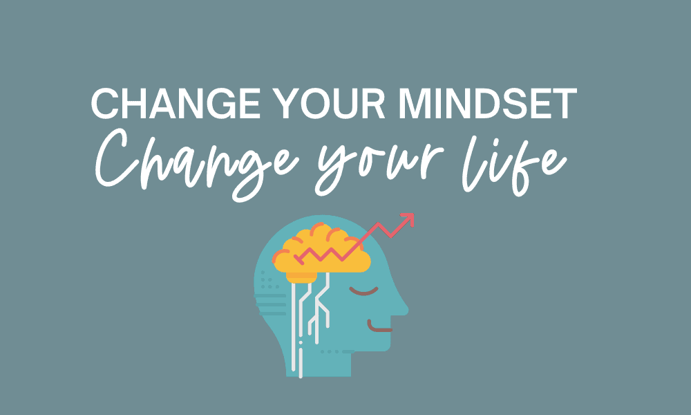Change your mindset healthy eating habit graphic with a image of a head with a brain in the center. 