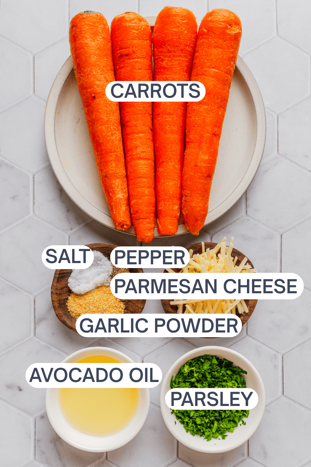 Ingredients for air fryer carrot fries with labels over each ingredient.