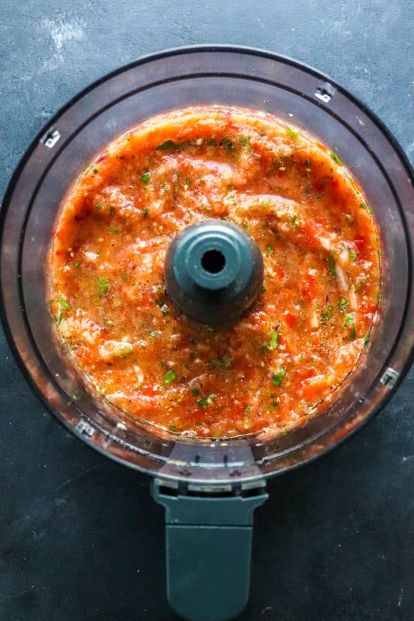 Blended salsa in a food processor