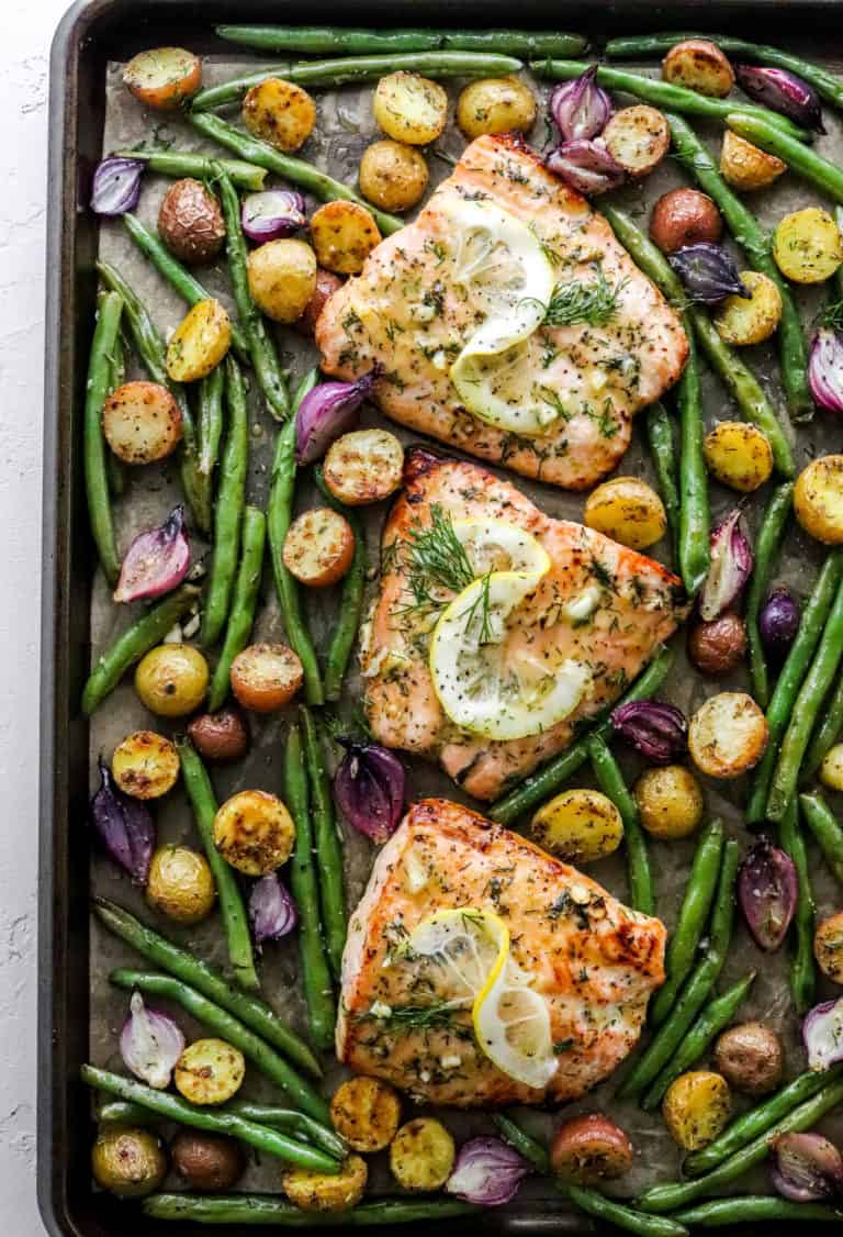 Easy Sheet Pan Salmon with Green Beans and Potatoes - Pinch Me Good