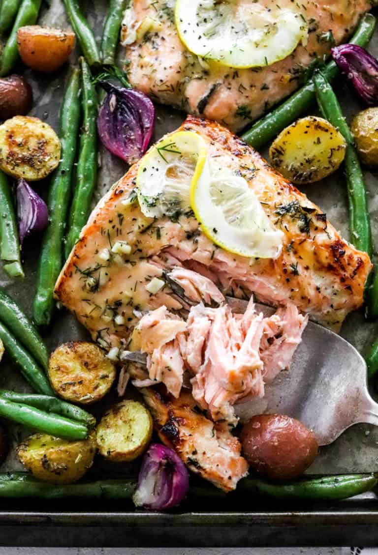Easy Sheet Pan Salmon with Green Beans and Potatoes - Pinch Me Good