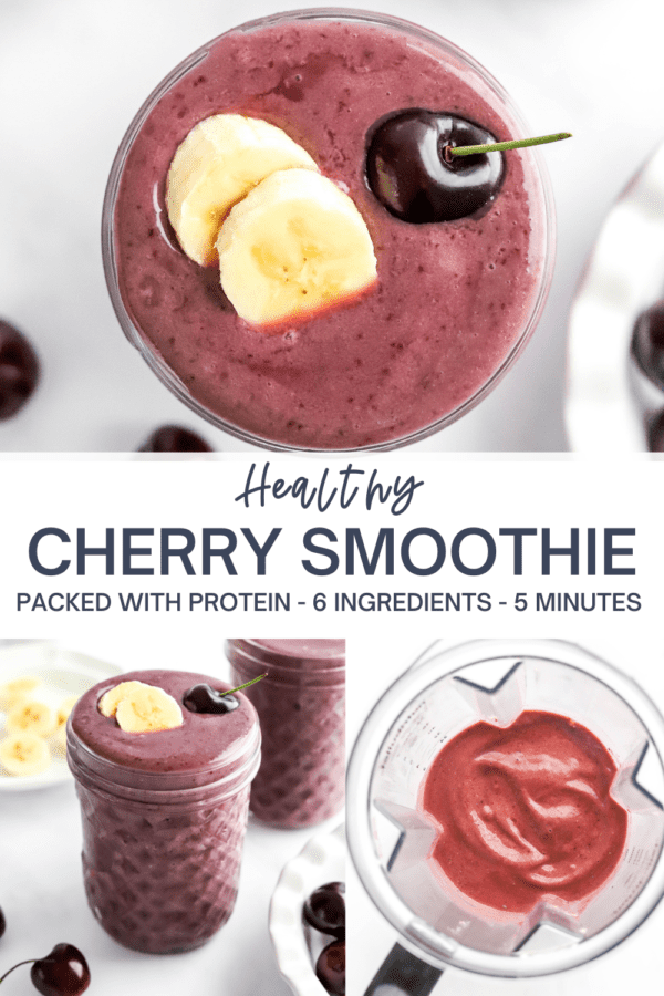 Healthy Cherry Smoothie in a mason jar with fresh cherries an sliced banana on top of it.