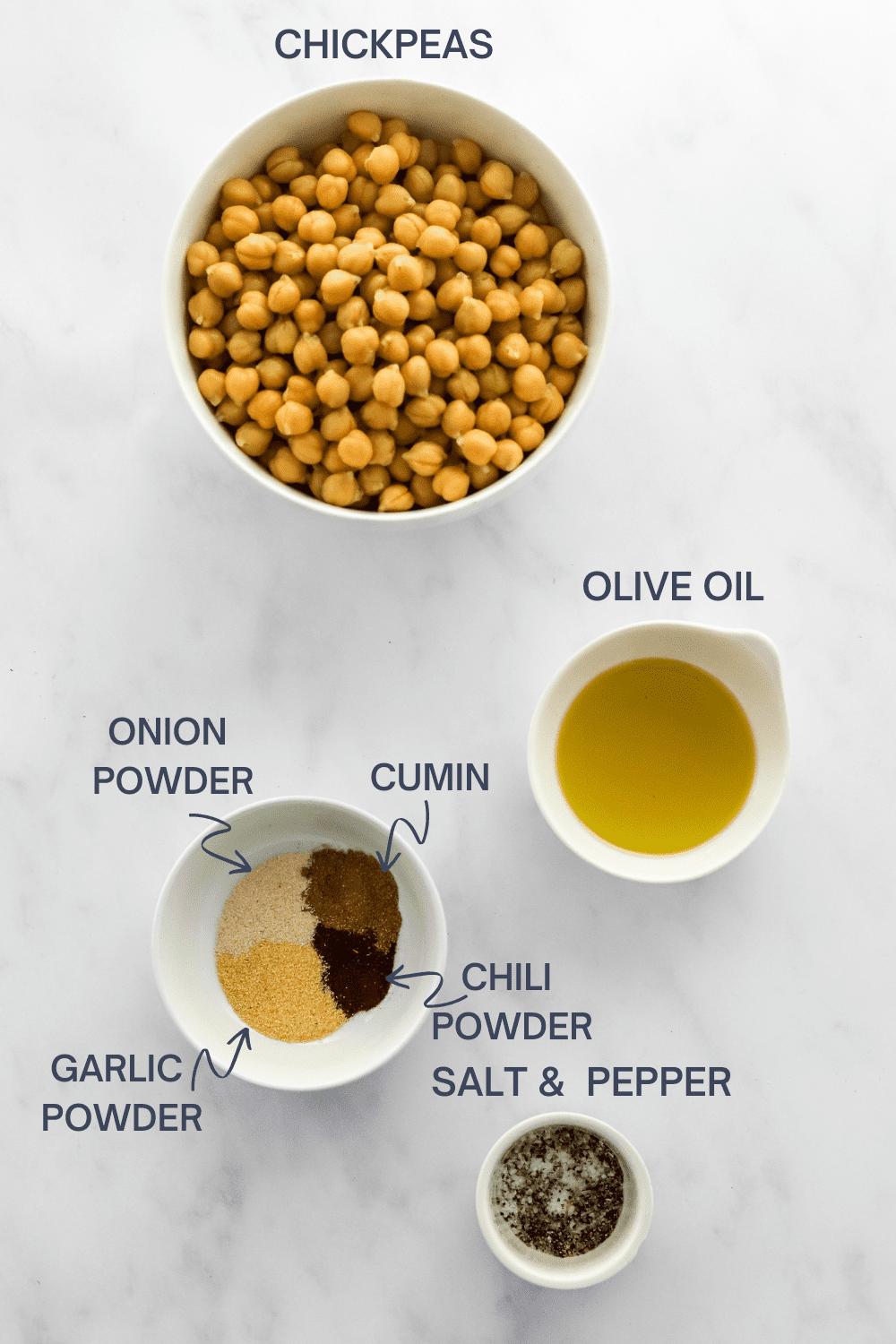 Oven baked chickpeas ingredients with labels over the top of each ingredient. 