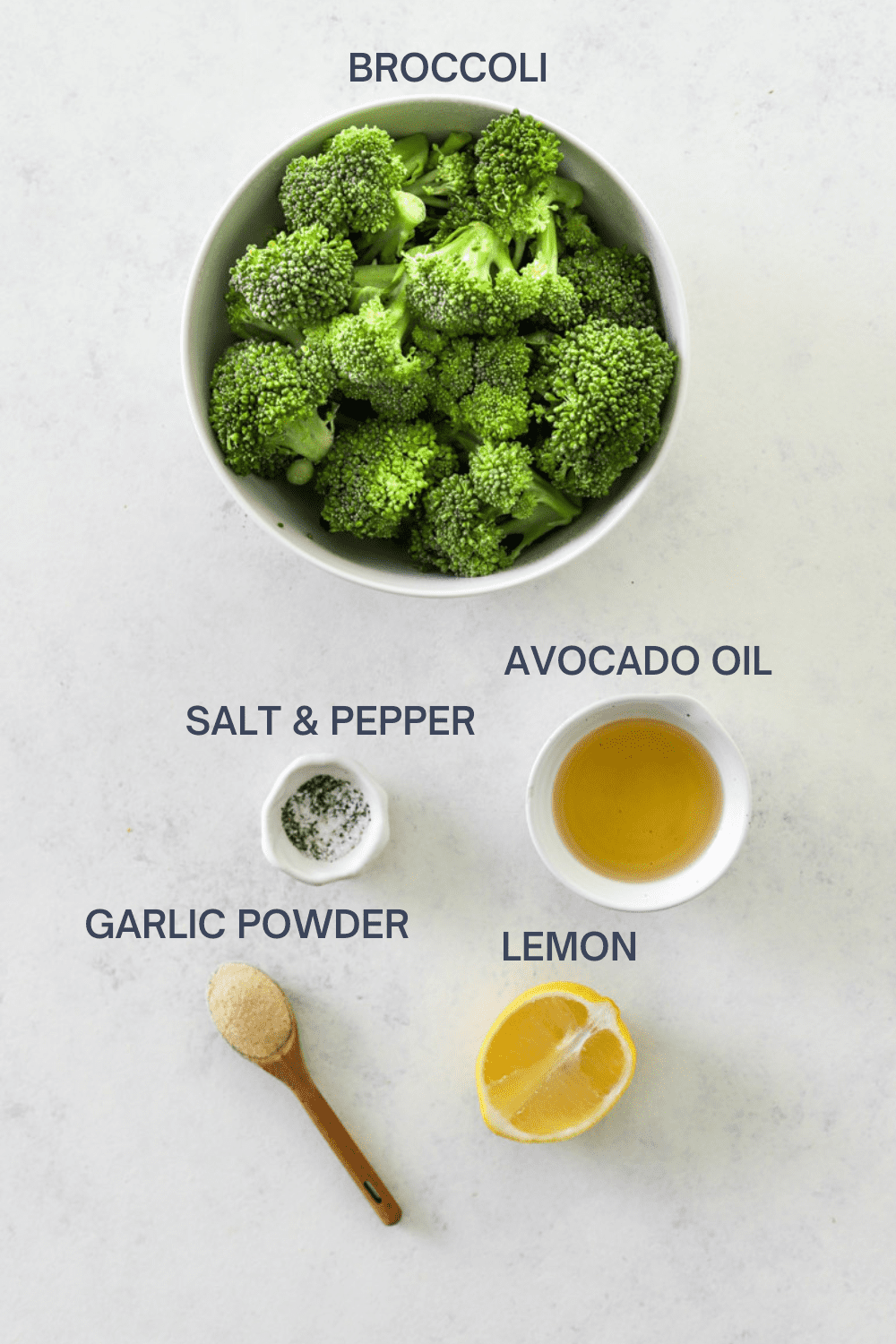 Roasted broccoli ingredients with labels. 