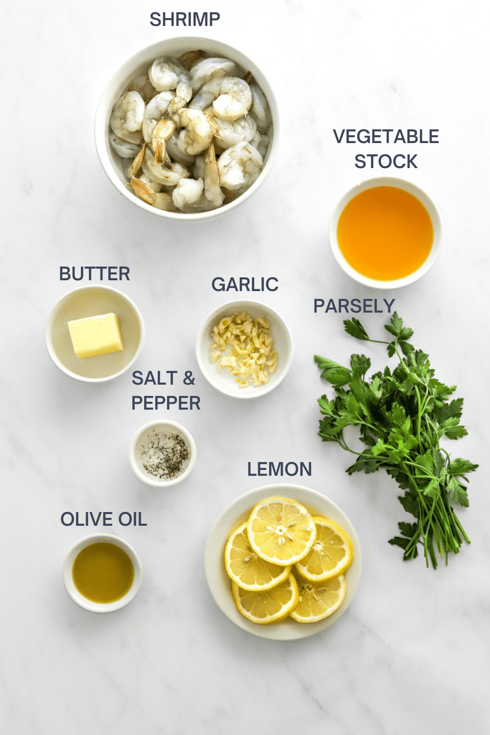 Ingredients for healthy shrimp scampi with labels for each ingredient. 