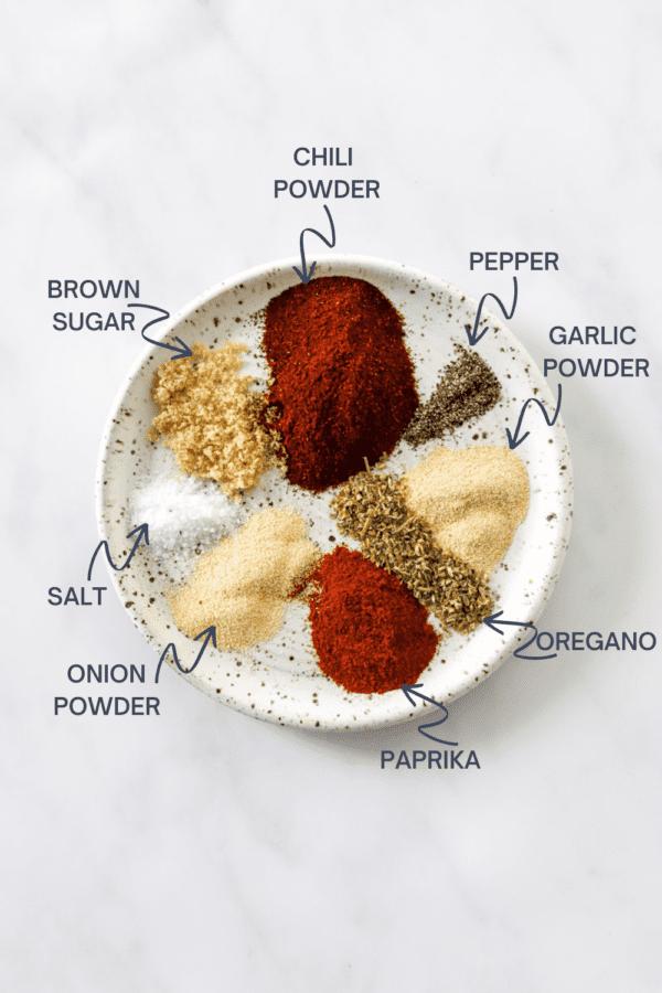 Fajita Seasoning ingredients on a white plate with labels of each ingredient.