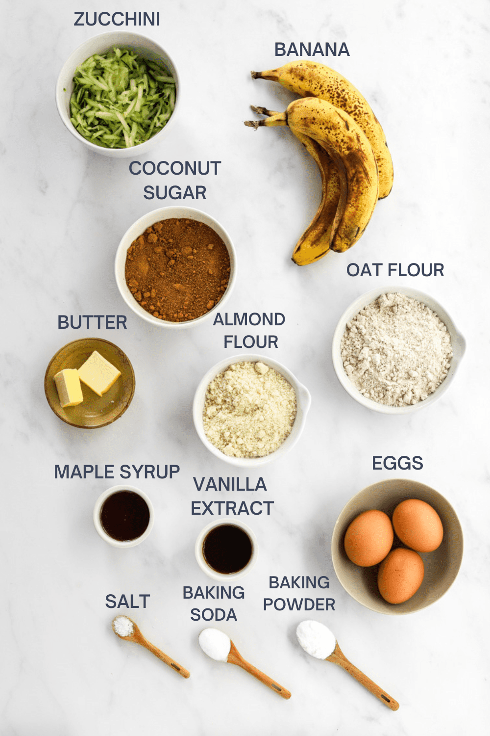 Ingredients for banana bread with zucchini in it with labels over each ingredient. 