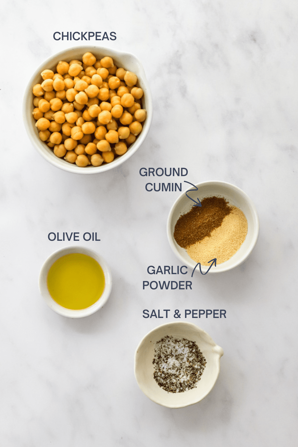 Ingredients for air fryer chickpeas with labels for each ingredient.