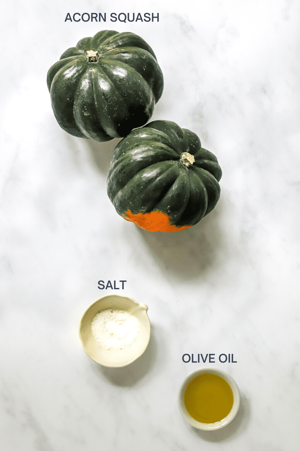 Two whole acorn squash on a marble surface with a small bowl of salt and a bowl of olive oil in front of it. 