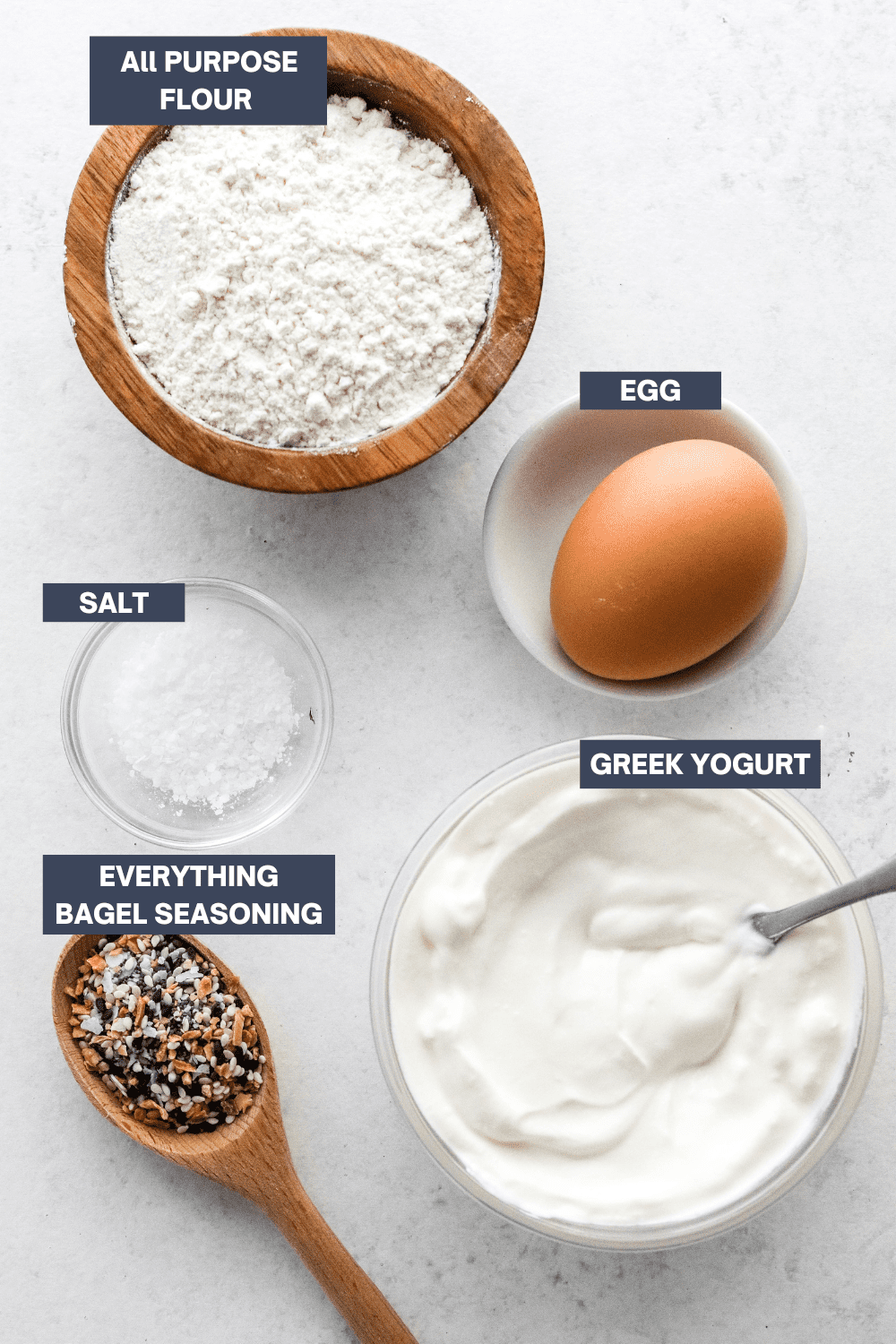 Ingredients for healthy 3 ingredient bagels with everything seasoning. 