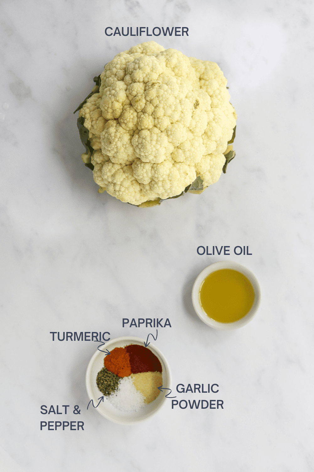 Ingredients for air fryer cauliflower with labels for each ingredient. 