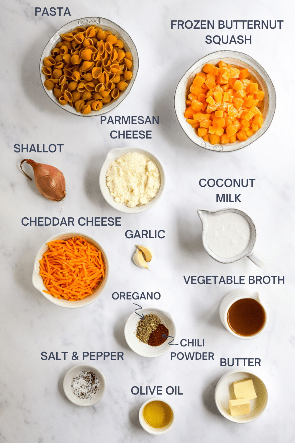 Ingredients for Mac and cheese with butternut squash with labels over each ingredient.