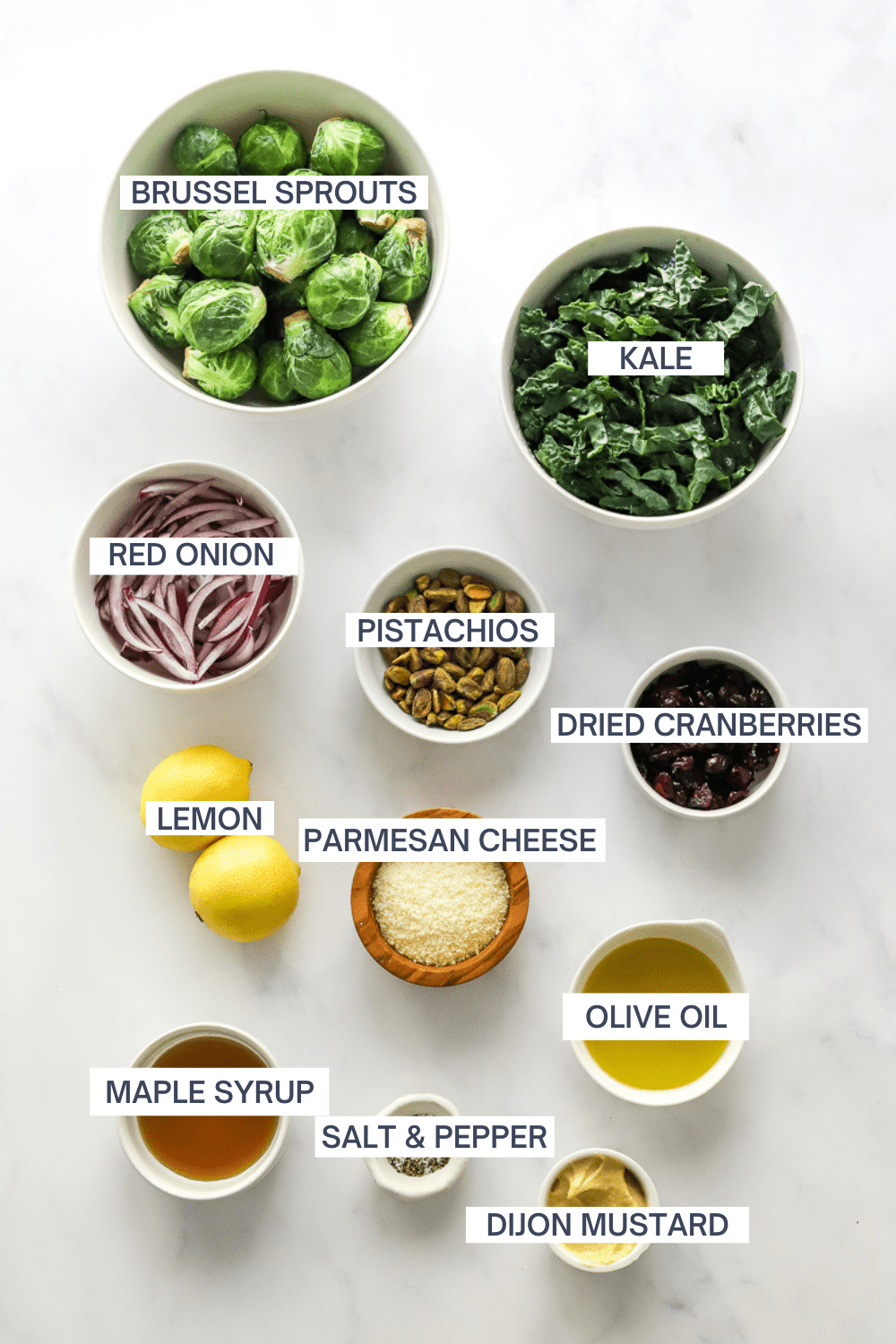 Ingredients for kale Brussel sprout salad with labels over each ingredient.