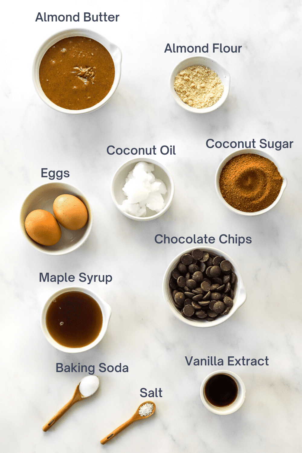 Healthy blondie brownies recipe ingredients with labels for each ingredient. 