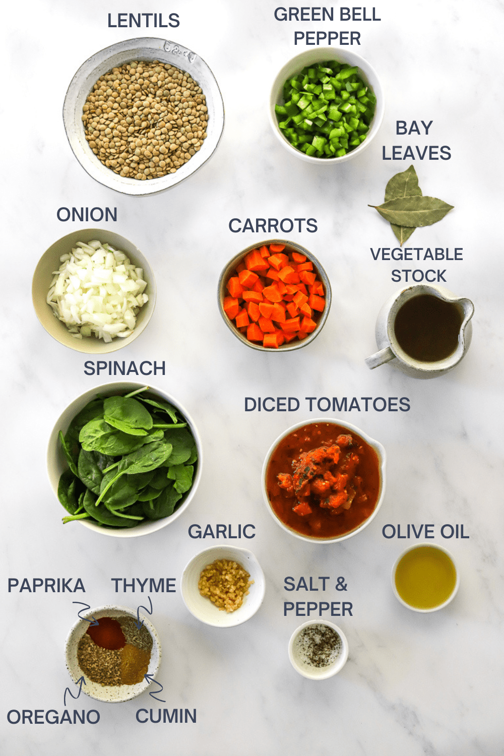Dry lentils in a bowl with a bowl of diced green peppers next to it with bowls of other soup ingredients like onions, carrots, spinach, tomatoes and spices with labels over each ingredient. 