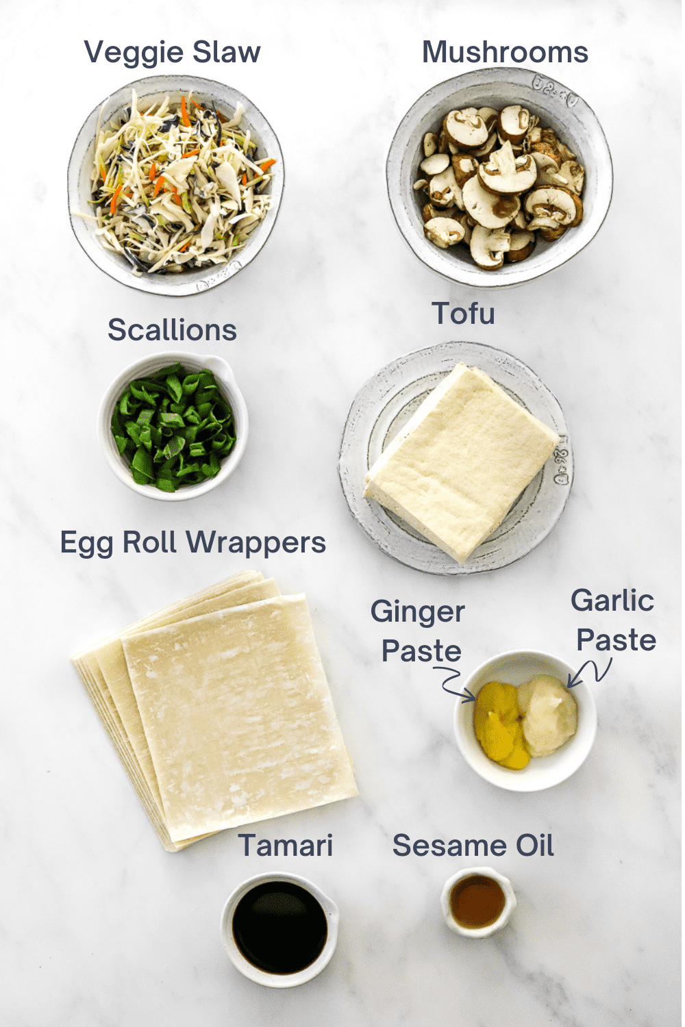 Tofu veggie egg rolls ingredients with labels over each ingredient.