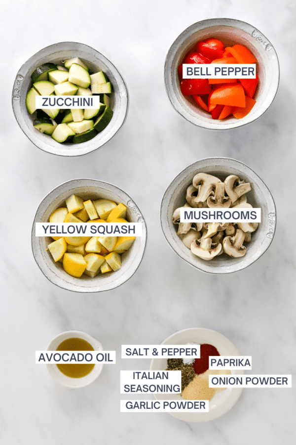 Ingredients for air fryer veggies with labels for each ingredient.