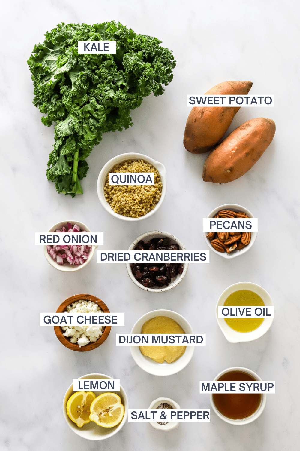 Kale and sweet potato salad ingredients in bowls with labels over each ingredient.