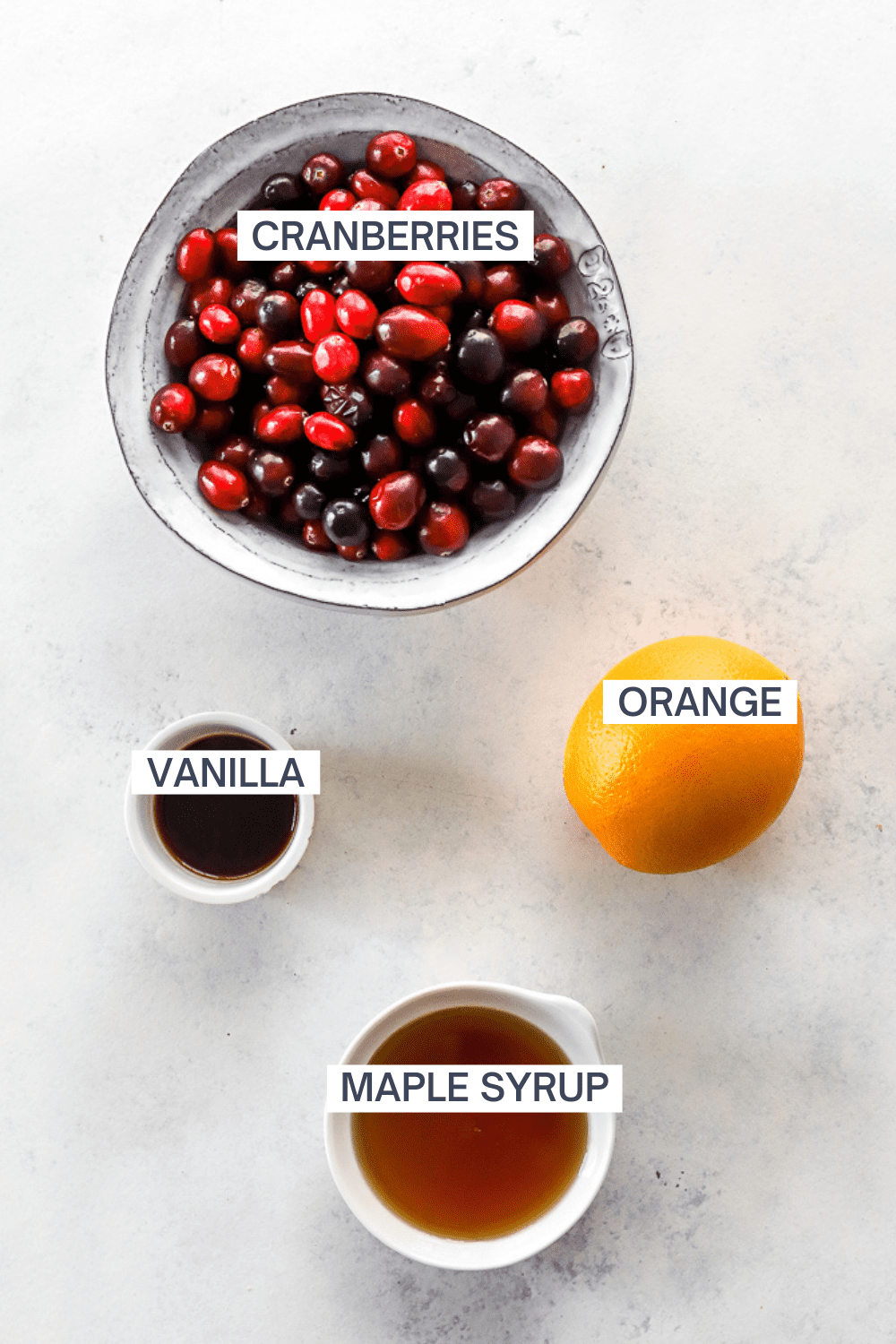 Ingredients for homemade cranberry sauce with orange with labels over each ingredient. 