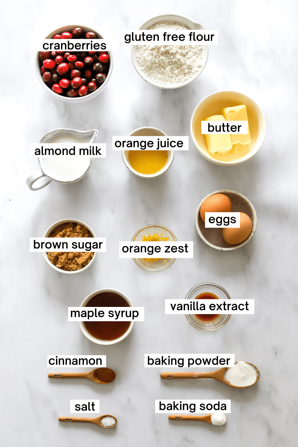 Orange cranberry muffins ingredients with labels for each ingredient.