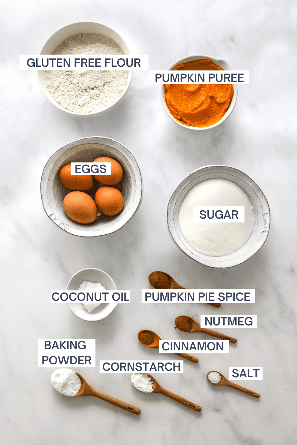 Bowl of white flour with a bowl of pumpkin puree next to it with a bowl of brown eggs, a bowl of white sugar, and wooden spoons filled with borne spices and baking powder in front of it. With labels for each ingredient. 