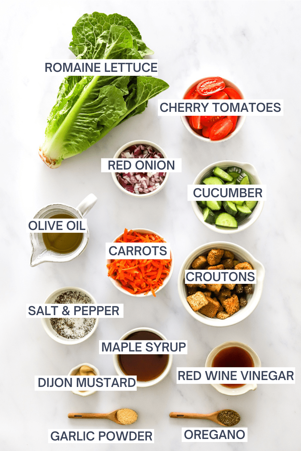 Ingredients for a simple house salad with labels over each ingredient. 