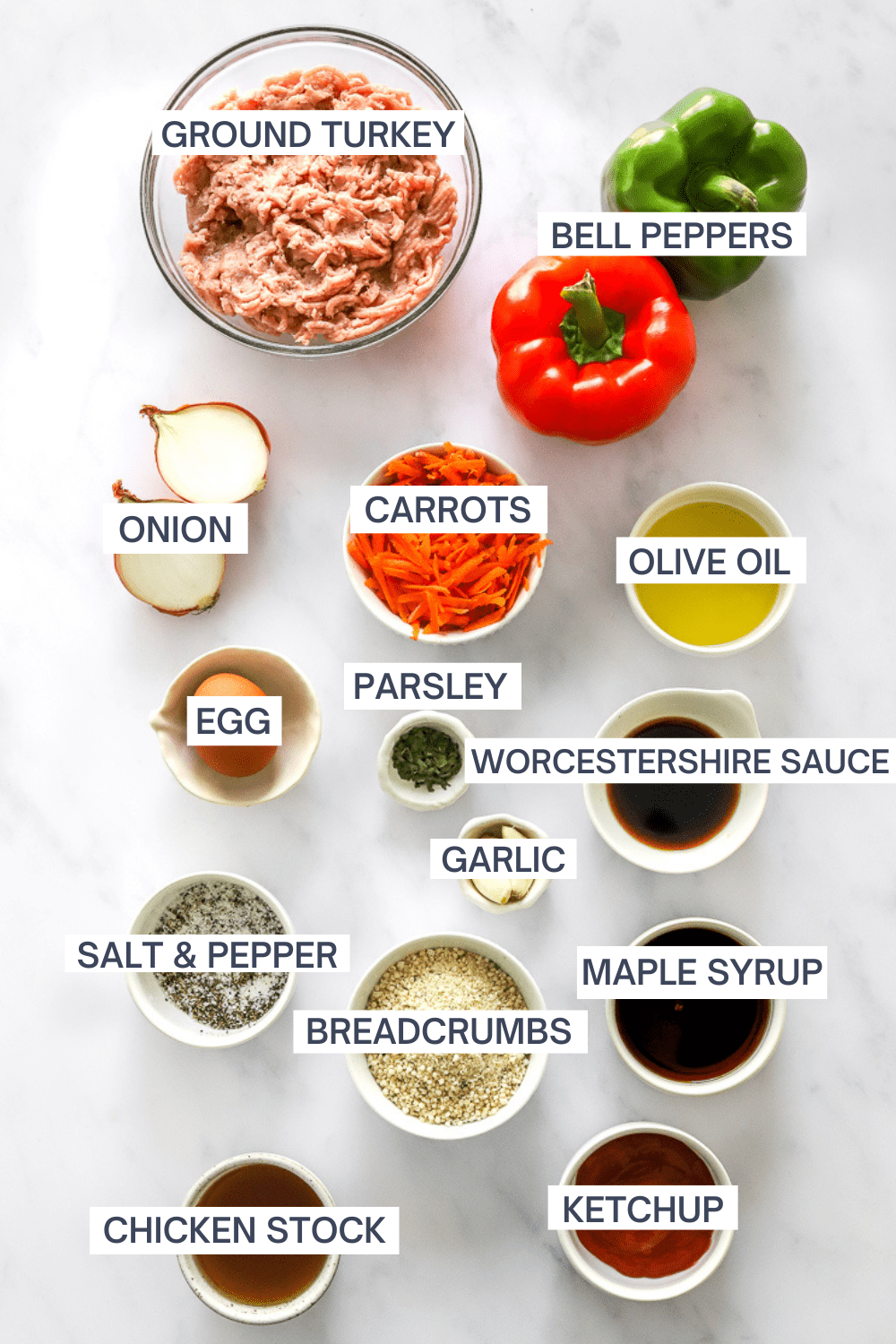 Ingredients for healthy turkey meatloaf with labels over each ingredient. 