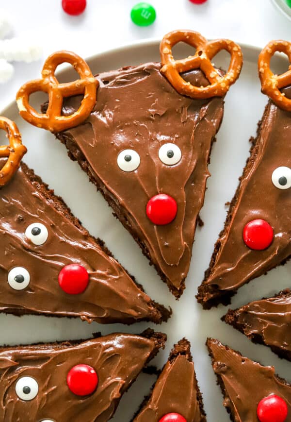 Decorated triangle brownies with chocolate frosting. pretzel for the ears. eyes and a red nose.