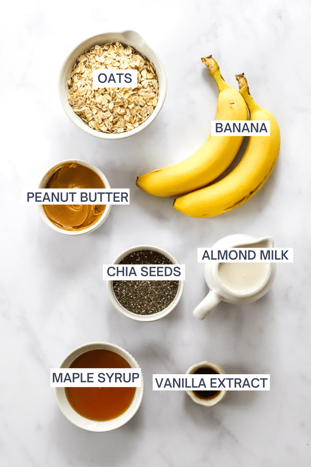 Ingredients for overnight oats with peanut butter and banana with labels over each ingredient. 