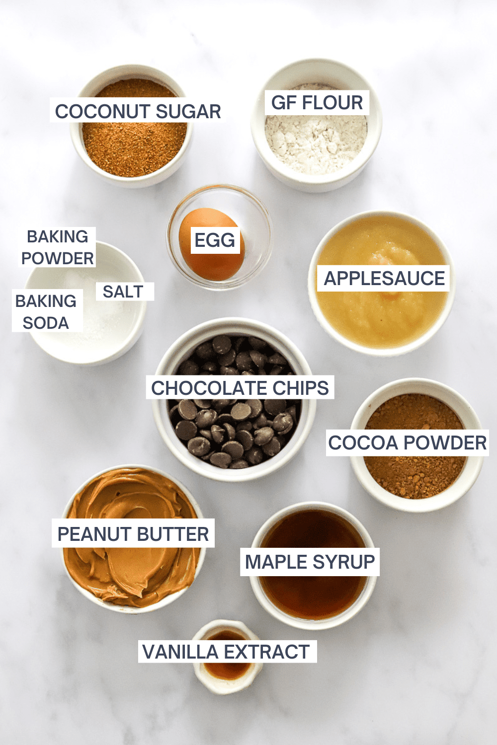 Ingredients for homemade brownies with labels over each ingredient. 