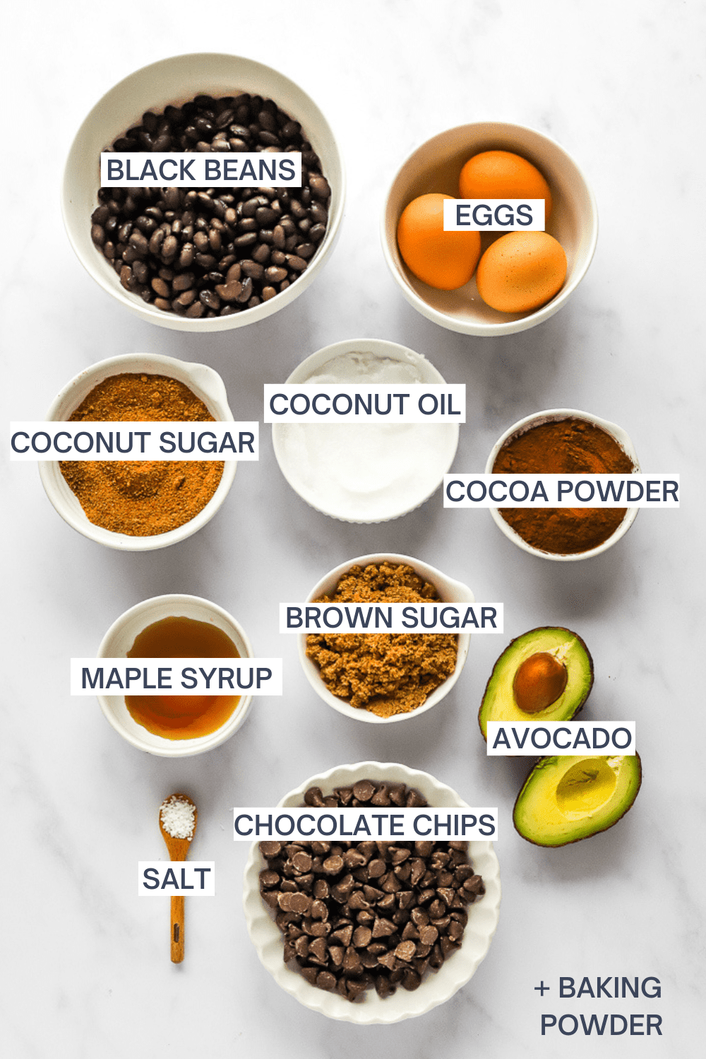 Ingredients for black bean avocado brownies with labels over each ingredient.