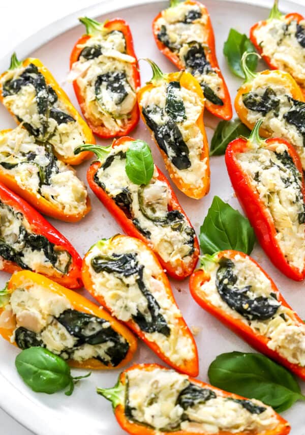 Red and yellow small bell peppers filled with spinach and artichoke filling on a plate with green basil on the plate with them.