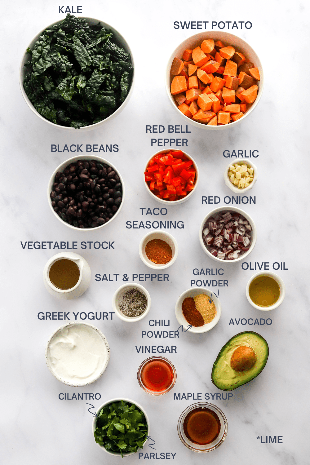 Ingredients for a sweet potato buddha bowl with kale and black beans and an avocado sauce with labels over each ingredient. 