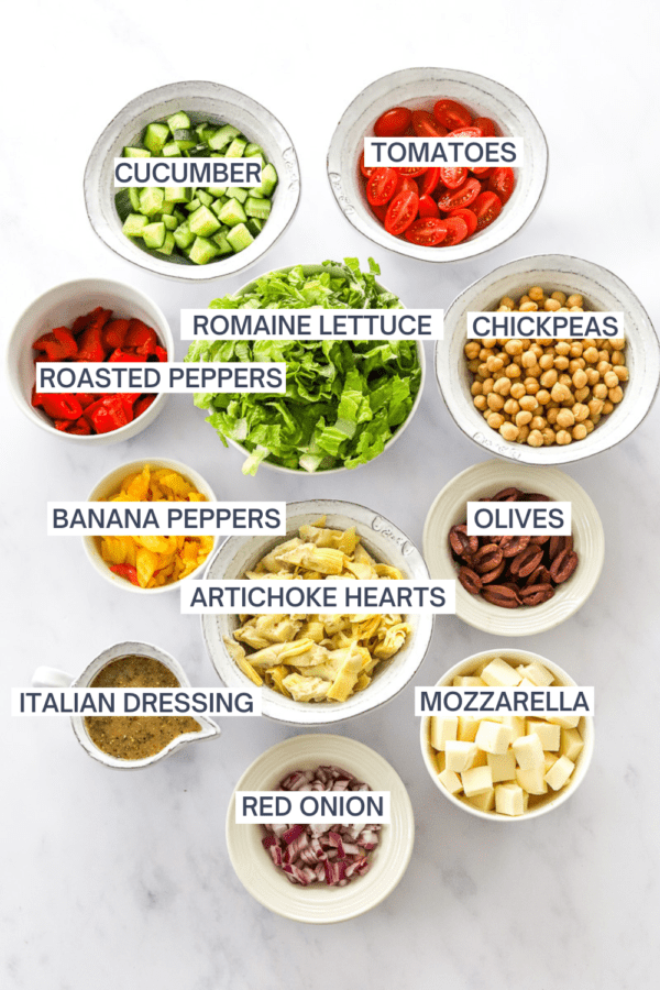 Ingredients for Italian chopped Salad with labels over each ingredient.