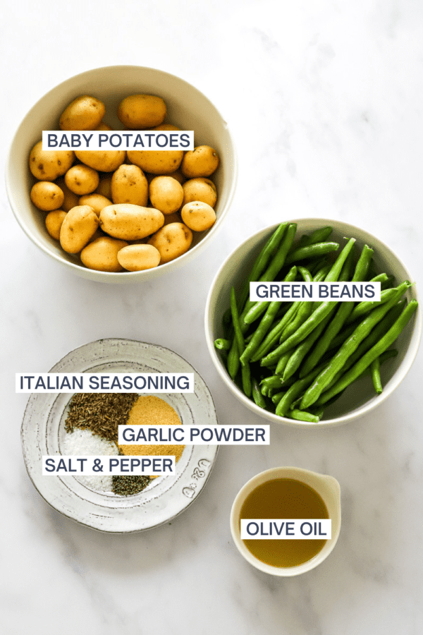 Ingredients for roasted potatoes and green beans with labels over each ingredient.
