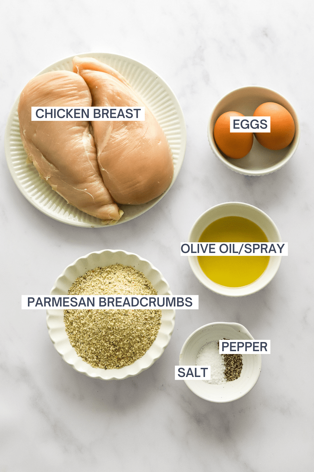 Breaded chicken ingredients in bowls with labels over each ingredient. 