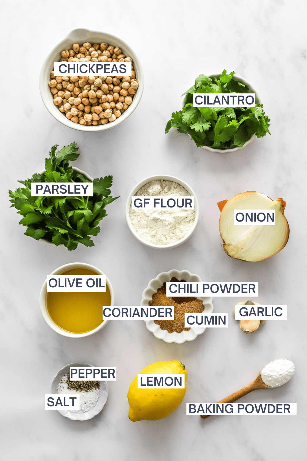 Ingredients for air fryer falafel with labels over each ingredient. 
