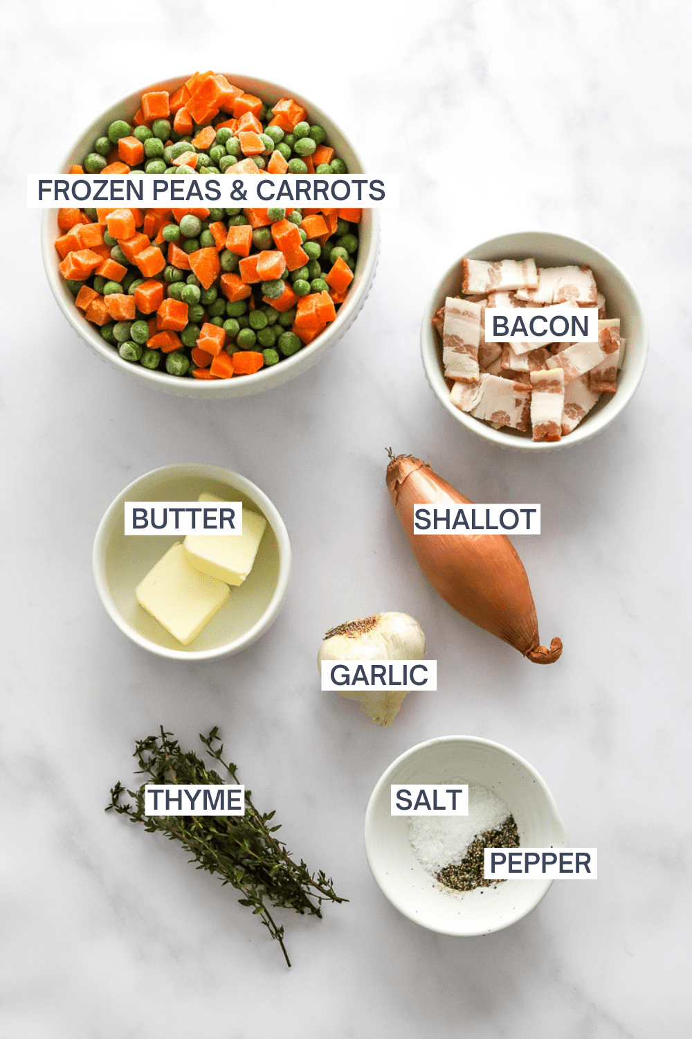 Ingredient for frozen peas and carrots with labels over each ingredient.
