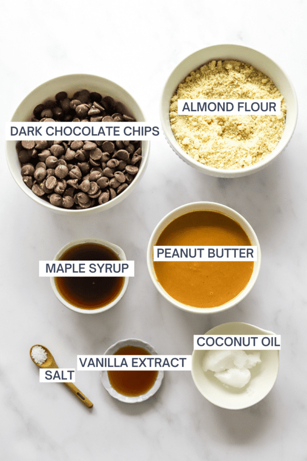 Ingredients for chocolate peanut butter eggs with labels over each ingredient.