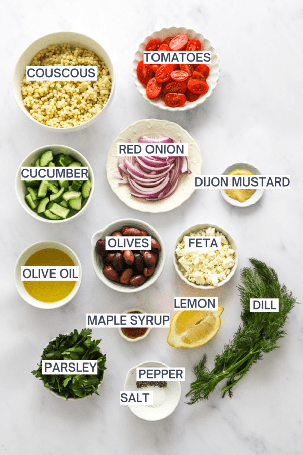 Ingredients for Israeli couscous salad with labels over each ingredient.