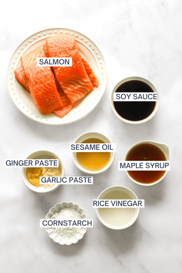 Teriyaki salmon bites ingredients in bowls with labels over each ingredient.